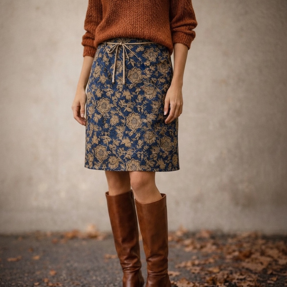 Vintage BILL BLASS JEANS Denim Skirt 14 Floral Camel Tan Appliqué NWT